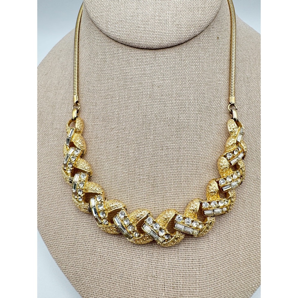 Vintage Collar Necklace Gold Tone Chunky X Link Statement  Clear Rhinestones